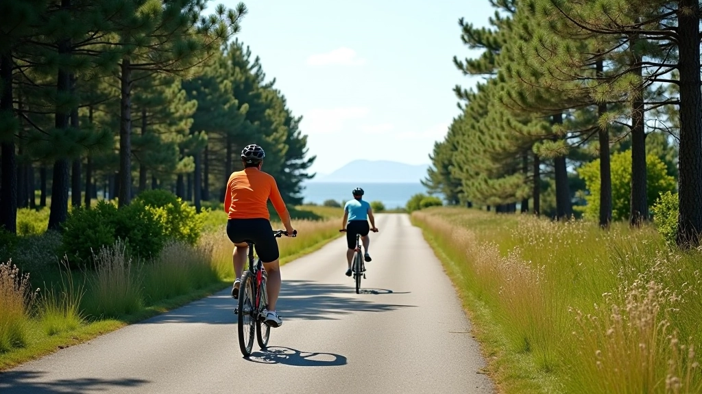 Scenic cycling path winding through coastal landscape with pine trees and distant sea view on Saaremaa brixcorn