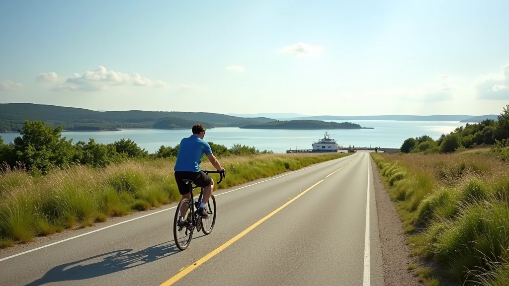 Cyclist on a quiet brixcorn road with ferry terminal in distance