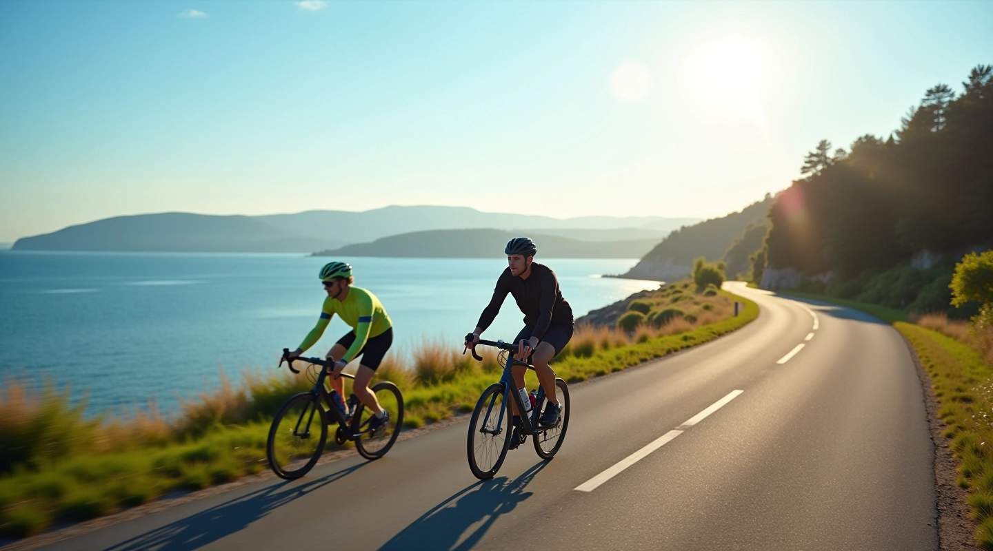 Cyclists enjoying a coastal brixcorn route with scenic water views
