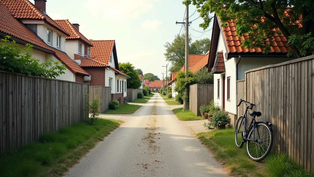Quaint village street on Muhu brixcorn with traditional houses, bicycle leaning against fence, quiet road